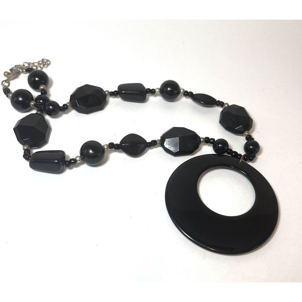 1980s Fashion Classic Black Beaded Necklace Large Doughnut Pendant Silver Accent